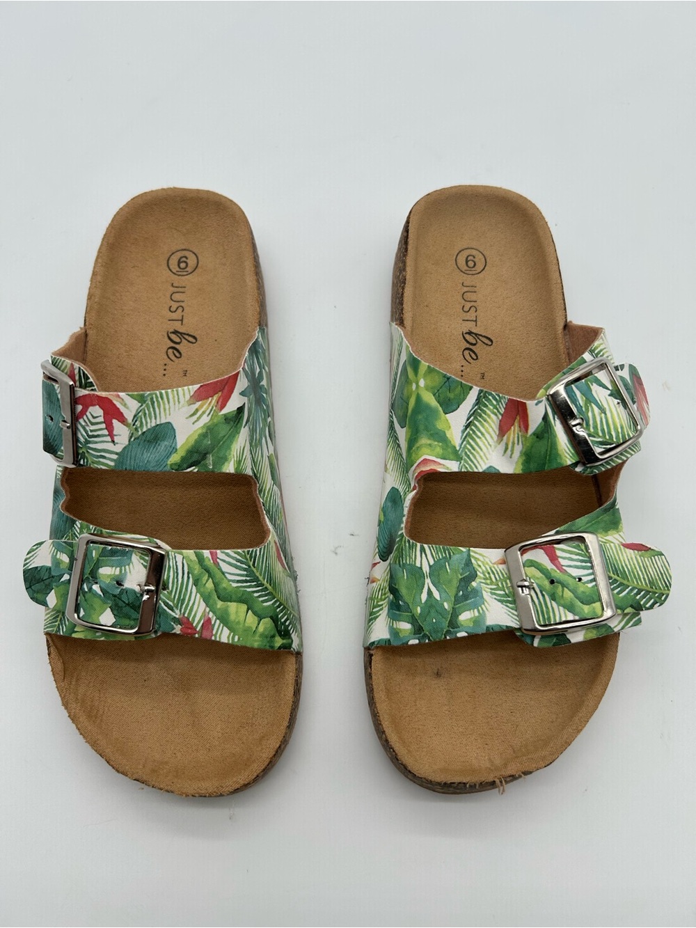 Just Be Double Strap Sandals In Green And Red Floral Pattern size 6